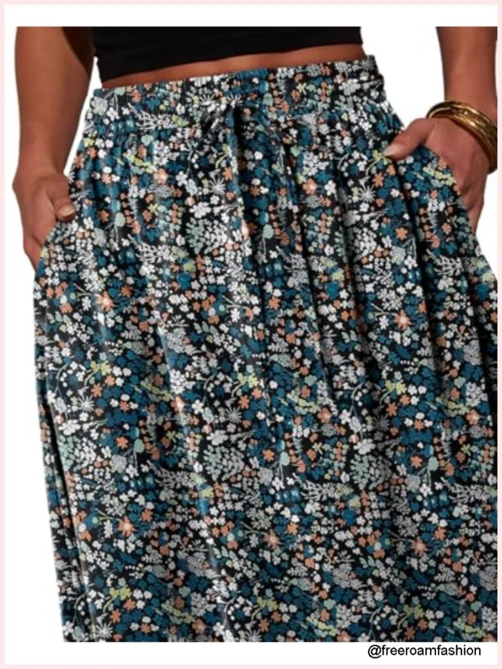 Print Midi Skirt High Waist Elastic A-Line Bohe Swing Skirts with Pocket